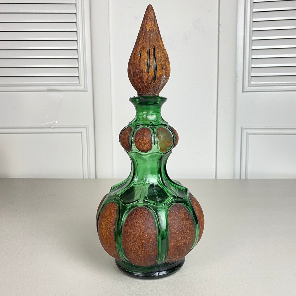 VTG Empoli Genie Italian Leather Wrapped Green Glass Decanter Bottle 14"  Italy